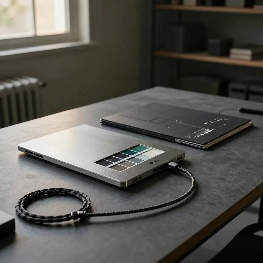 Design studio desk with dock, colour chips, angled screen and spec folder in evening haze.