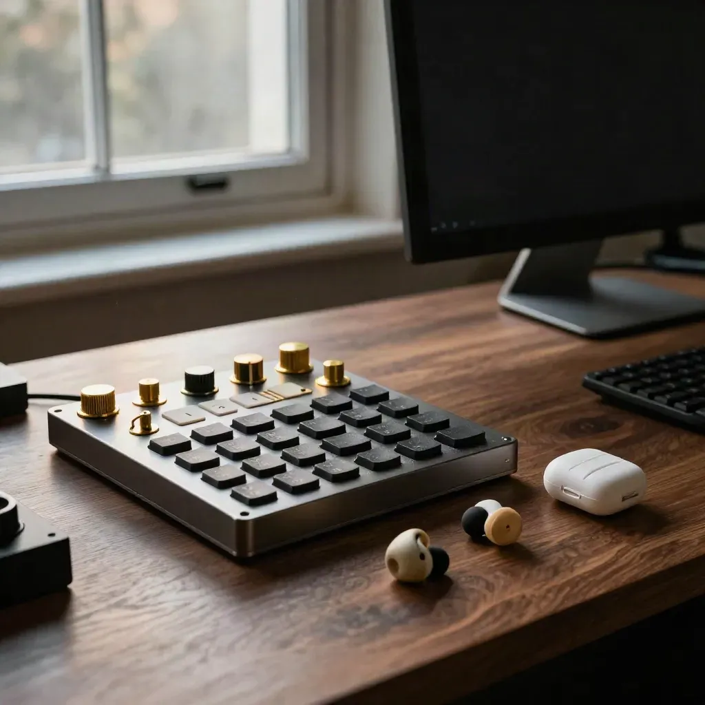 Tactile accessibility icon tray, angled screen, and earphone cases in a cozy dusk studio corner.