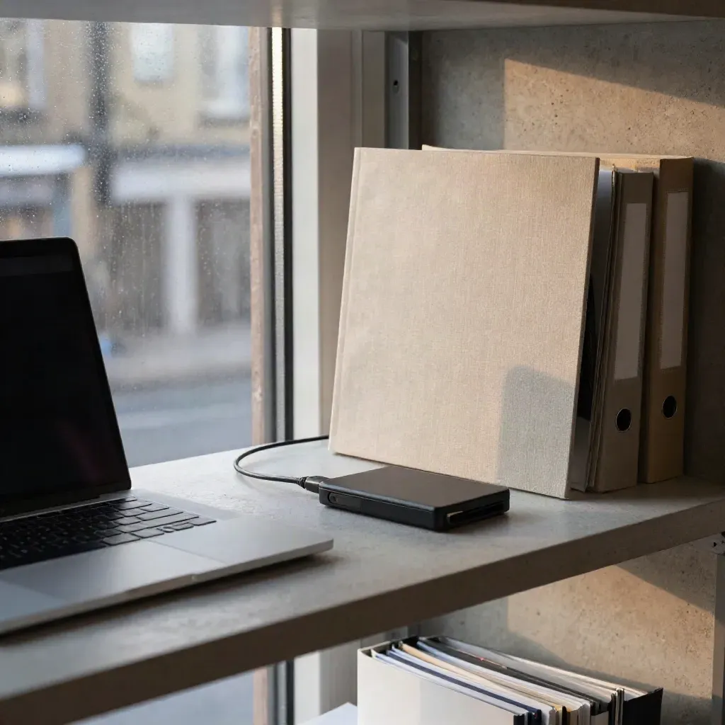 London studio shelf with laptop, sketchbook, hard drive and stacked binders in cool morning light.
