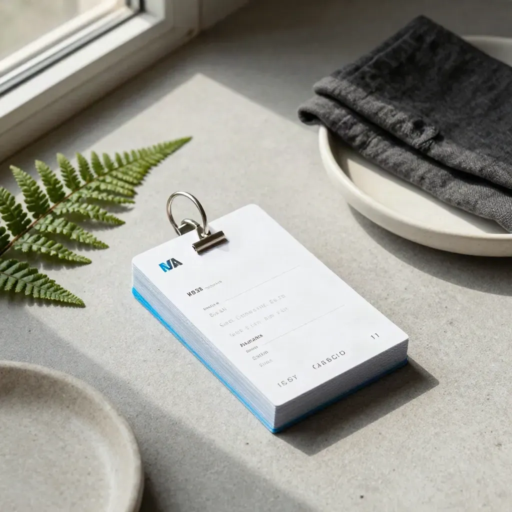 Overhead flatlay of snippet cards, fern, cloth, dish, and blue accent on concrete.