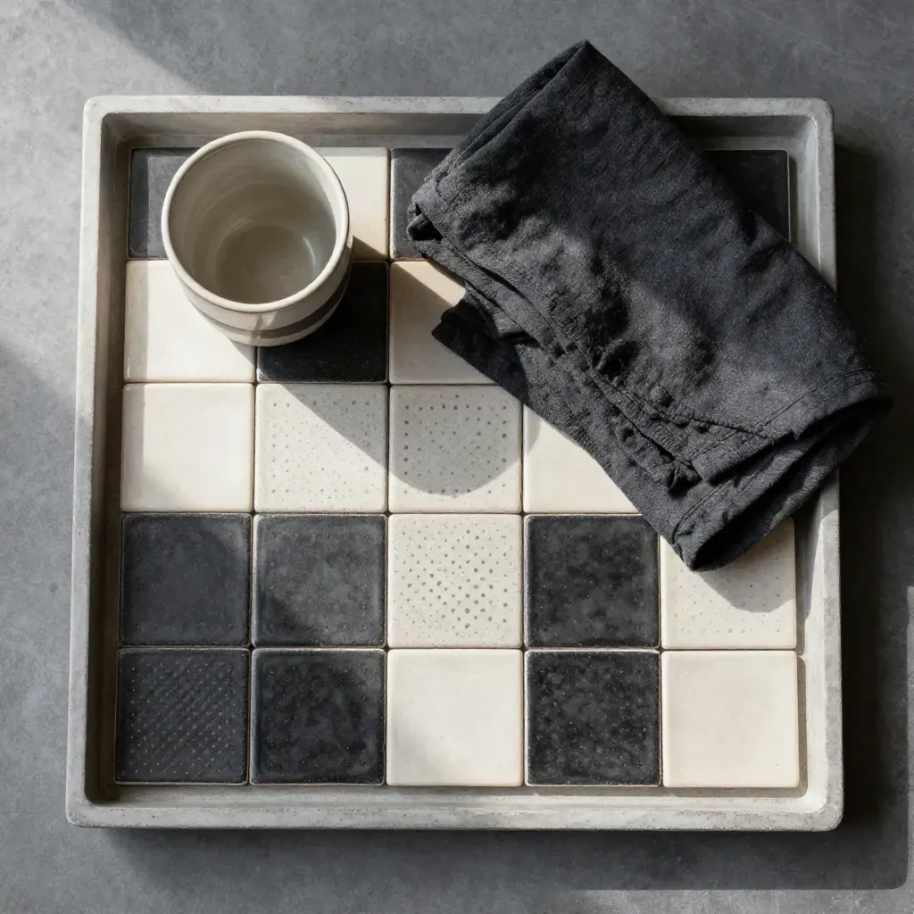Top-down tray with contrast tiles, tactile dots, ceramic cup, and folded linen.